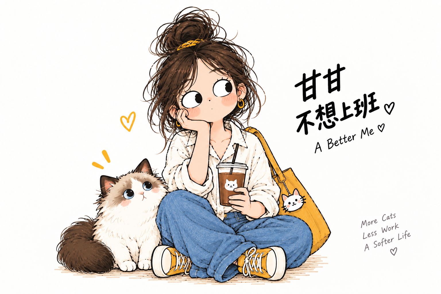 不想上班品牌女孩甘甘和猫咪坐在一起